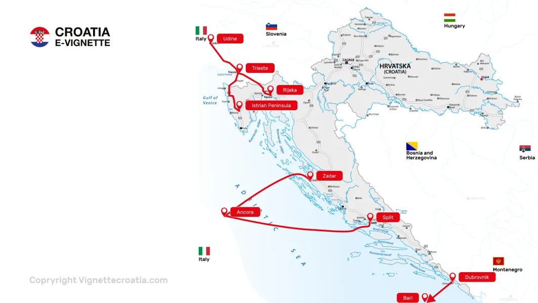 The border crossing points for car users travelling from Italy to Croatia.