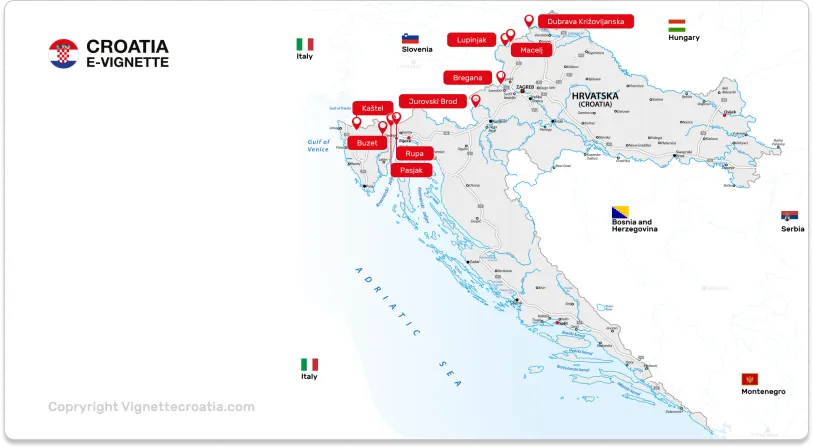 Detailed map with all important border crossings between Croatia and Slovenia