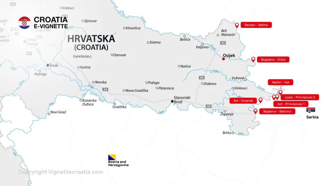 Karta med åtta gränsövergångar mellan Serbien-Kroatien, av vilka Bajakovo - Batrovci är den mest trafikerade.