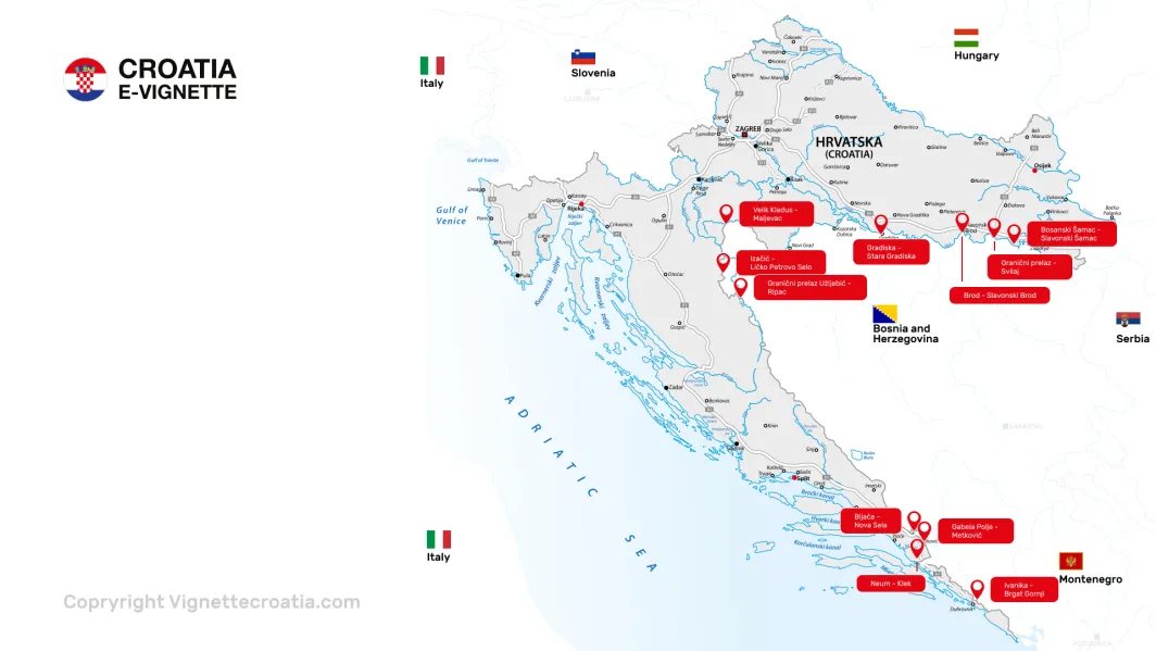 Yksityiskohtainen kartta Bosnian ja Kroatian välisistä rajanylityspaikoista